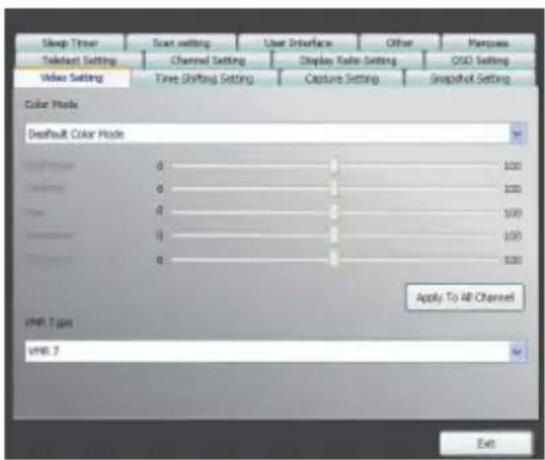Sleep Timer User Interface Other Margins Teledent Setting Channel Setting Display Ratio Setting CSD Setting Video Setting Time Shifting Setting Capture Setting Snapshot Setting Color Mode Default Color Mode 0 100 0 100 0 100 0 100 Apply To All Channel VH8. Type VH8. 7 Exit