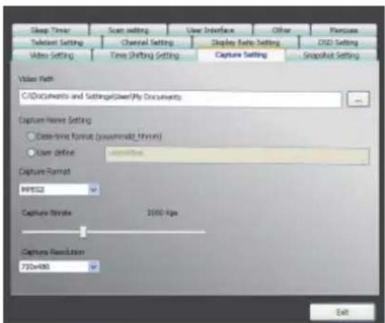 Sleep Timer Scan setting User Interface Other Exercise Tutorial Setting Channel Setting Display Path Setting CIDI Setting Video Setting Time Shifting Setting Capture Setting Snapshot Setting Value Path C:\Documents and Settings\Clean\My Documents Capture Name Setting Date-time Format (powermodel After) User define Capture Format MP102 Capture Rate 2000 fps Capture Resolution 720x490 Exit
