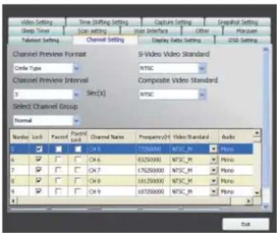Video Setting Sleep Timer Talent setting Time Shifting Setting Scan setting Channel Setting Capture Setting Blue Interface Display Ratio Setting Other Other Macquen GSD Setting Channel Preview Format Circle Type S-Video Video Standard Channel Preview Interval 3 Sec(s) Composite Video Standard 3 Select Channel Group Normal Number Lock Pavent Lock Parent Lock Channel Name Frequency(H) Video Standard Audio 7750000 NTSC_R Mono 6 CH 17250000 NTSC_R Mono 7 CH 6 93250000 NTSC_R Mono 8 CH 7 175250000 NTSC_R Mono 9 CH 8 681250000 NTSC_R Mono 9 CH 9 687250000 NTSC_R Mono OK