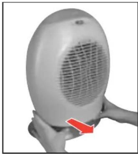 Close-up of a hand holding a white electric heater with a red arrow pointing to its side (no text or symbols visible)