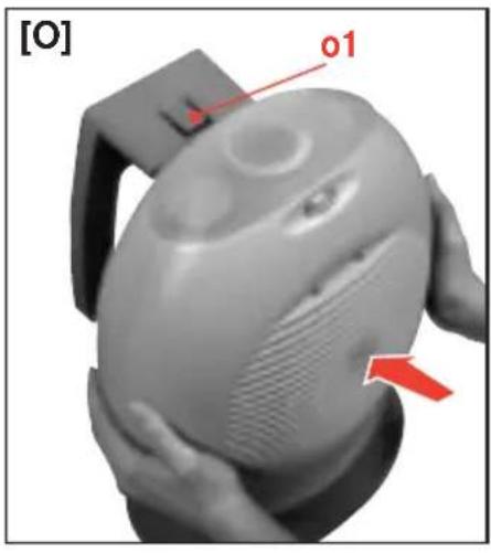 3D rendered object resembling a stylized helmet or gasket with red annotations pointing to features, labeled [O] in top-left corner (no readable text or symbols on object itself)