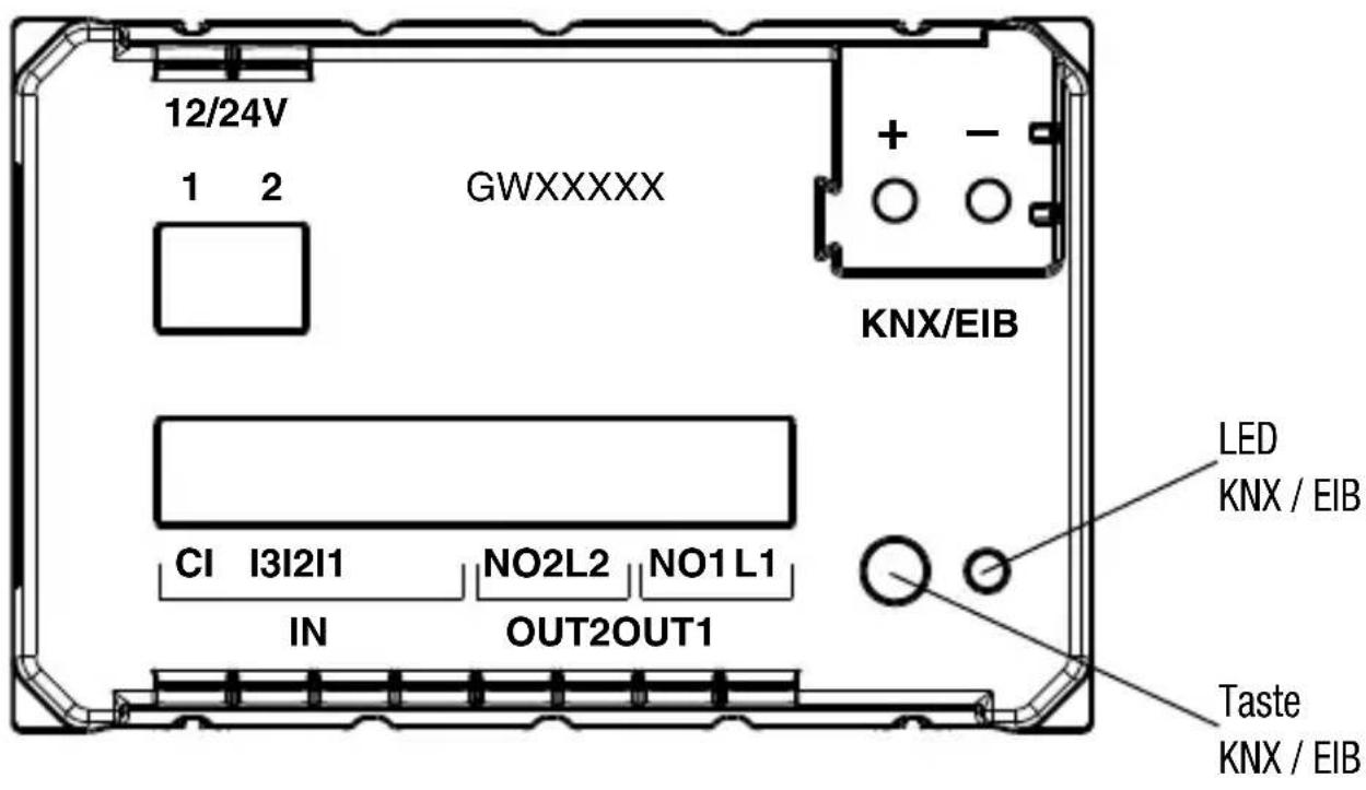12/24V GWXXXXX KNX/EIB LED KNX / EIB C1 I3I2I1 NO2L2 NO1 L1 IN OUT2OUT1 Taste KNX / EIB