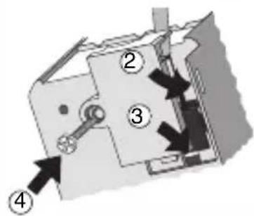 Diagram of a mechanical device with numbered components and directional arrows indicating movement or assembly.