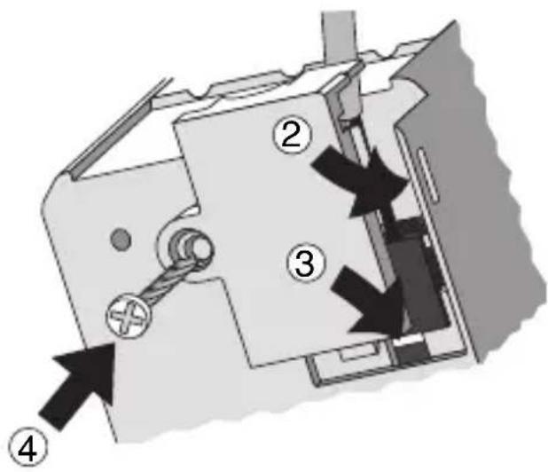 Technical diagram of a mechanical device with numbered components and directional arrows indicating movement or assembly.