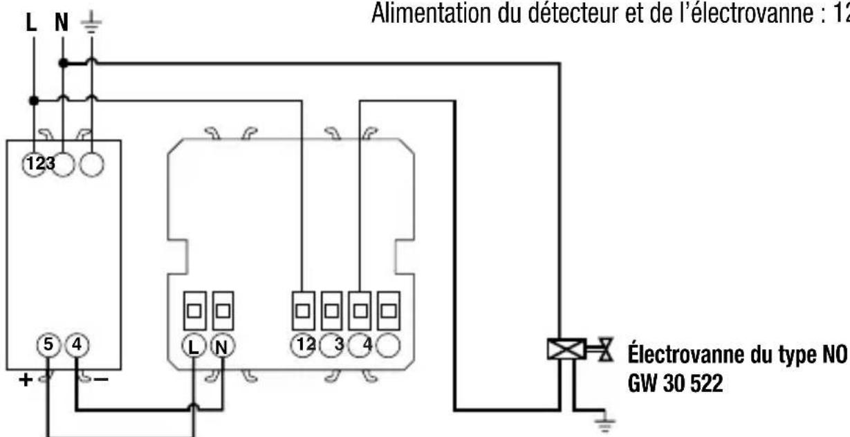 Alimentation du détecteur et de l'électrovanne : 12 L N 123 5 4 + - L N 12 3 4 Électrovanne du type NO GW 30 522