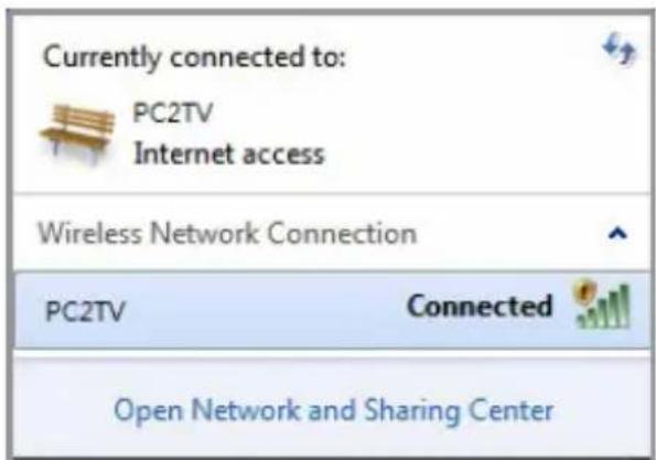 Currently connected to: PC2TV Internet access Wireless Network Connection PC2TV Connected Open Network and Sharing Center
