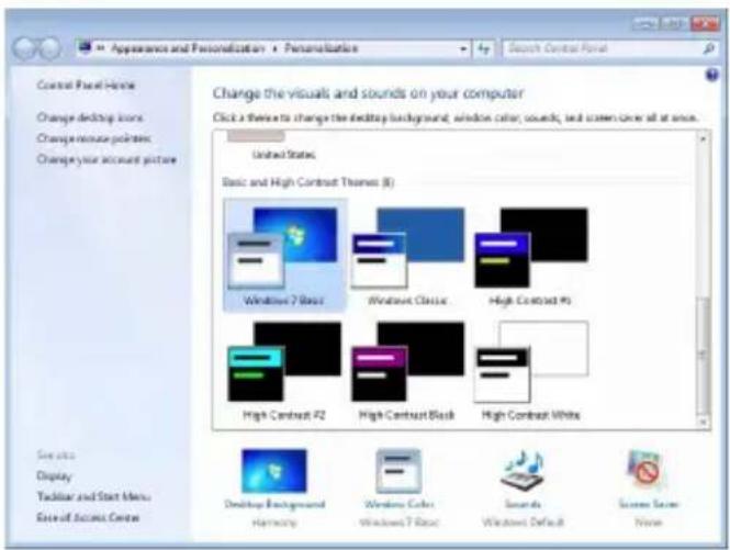 Appearance and Personalization Change the visuals and sounds on your computer Click a theme to change the desktop background, window color, sounds, and screen cover all at once. United States Basic and High Contrast Themes (R) Windows 7 Real Windows Classic High Contrast P0 High Contrast P2 High Contrast Black High Contrast White Desktop Background Harmony Windows Color Windows 7 Real Sounds Windows Default Scene Scene None
