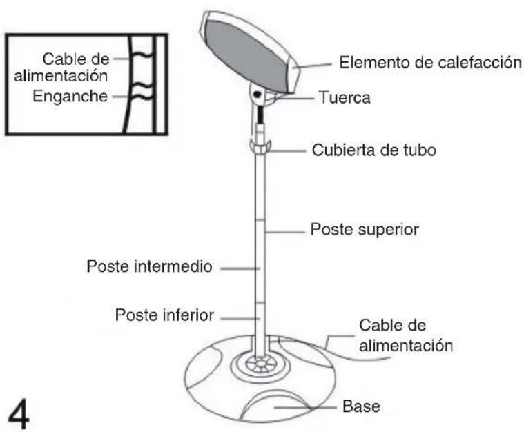 Cable de alimentación Enganche Elemento de calefacción Tuerca Cubierta de tubo Poste superior Poste intermedio Poste inferior Cable de alimentación Base 4