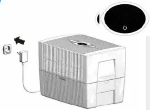 Illustration of a portable air conditioner unit connected to a power outlet, with a circular dial indicator (no text or symbols present)