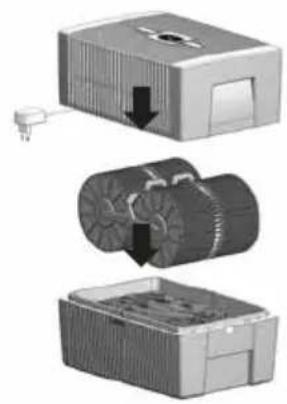 Three-step diagram showing a device with a plug, internal fan blade, and housing (no text or symbols)