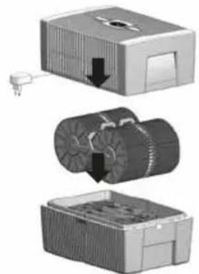 Three-step diagram showing a device with a plug, internal components, and a final box (no text or symbols)