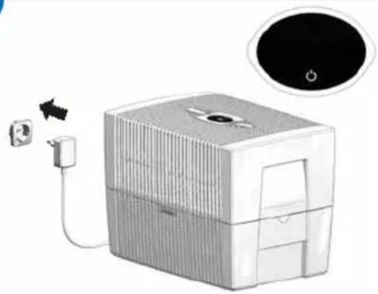 Illustration of a portable electronic device connected to a power outlet, with a circular button on the right (no text or symbols)
