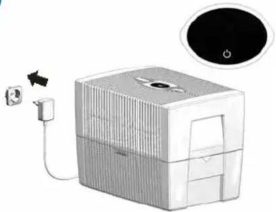 Illustration of a portable electronic device connected to a power outlet, with a close-up of its screen (no text or symbols visible)