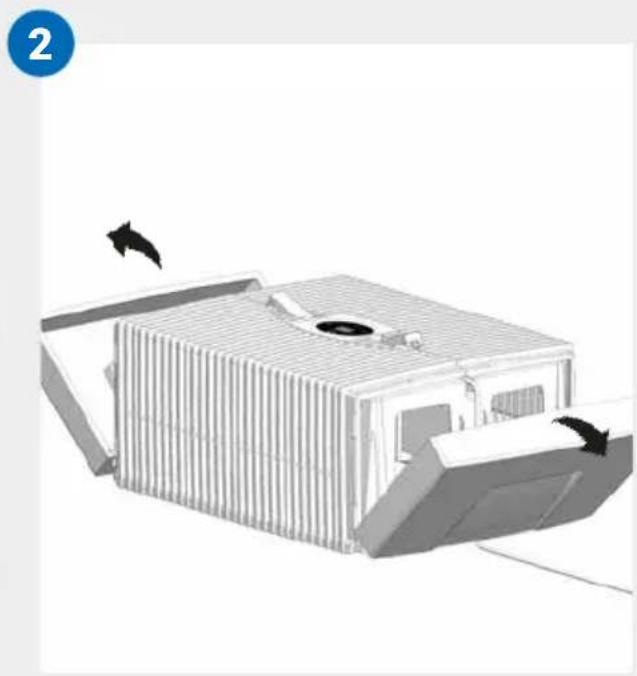 3D rendering of a modular building with ventilation grilles and airflow arrows (no text or symbols)