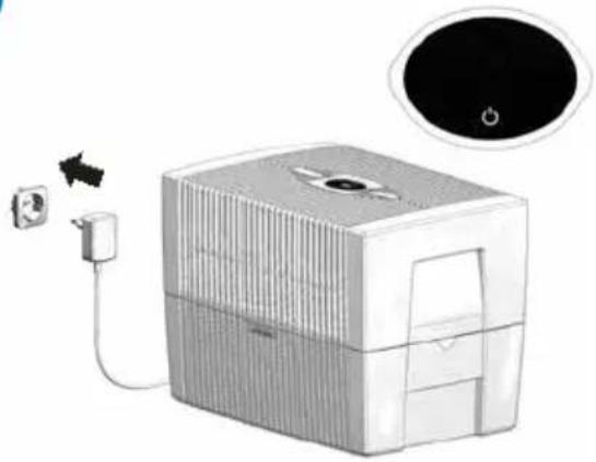 Illustration of a portable air conditioner unit connected to a power outlet, with a circular dial indicator (no text or symbols present)