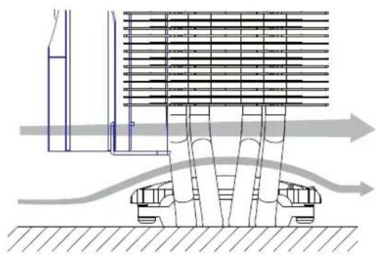 Technical diagram of a structural support system with airflow indicators (no text or labels)