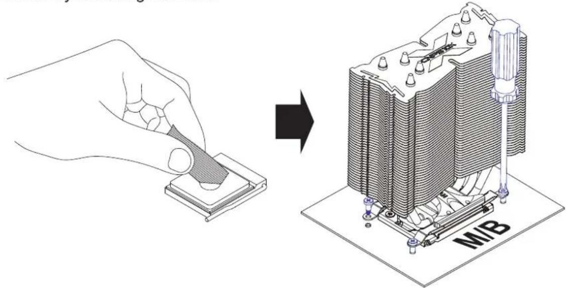 Diagram illustrating the process of cooling a heat sink into a M/B component, with a hand using a tool to adjust the component.