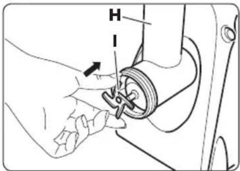 Technical diagram showing a hand holding a mechanical component with labeled parts H and I, including an arrow indicating direction.