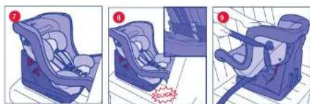 Illustration showing three steps of a car seat replacement exercise, labeled ⑦ to ⑨ with instructional arrows and a warning symbol.