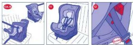 Three-step illustration of a car seat assembly and safety belt (no text or symbols)