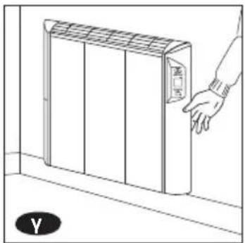 Line drawing of a hand interacting with a wall-mounted air conditioner unit (no text or symbols)