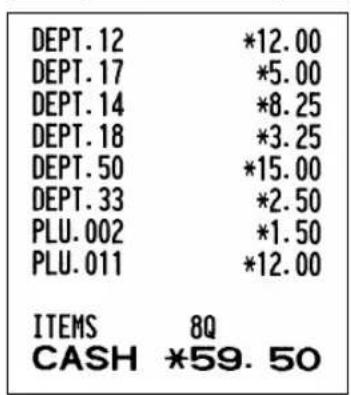DEPT.12 *12.00 DEPT.17 *5.00 DEPT.14 *8.25 DEPT.18 *3.25 DEPT.50 *15.00 DEPT.33 *2.50 PLU.002 *1.50 PLU.011 *12.00 ITEMS 8Q CASH *59.50