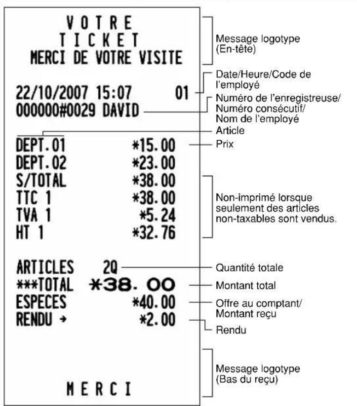 VOTRE TICKET MERCI DE VOTRE VISITE 22/10/2007 15:07 01 000000#0029 DAVID DEPT.01 *15.00 DEPT.02 *23.00 S/TOTAL *38.00 TTC 1 *38.00 TVA 1 *5.24 HT 1 *32.76 ARTICLES 2Q ***TOTAL *38.00 ESPECES *40.00 RENDU → *2.00 MERCI Message logotype (En-tête) Date/Heure/Code de l'employé Numéro de l'enregistreuse/ Numéro consécutif/ Nom de l'employé Article Prix Non-imprimé lorsque seulement des articles non-taxables sont vendus. Quantité totale Montant total Offre au comptant/ Montant reçu Rendu Message logotype (Bas du reçu)
