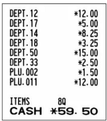 DEPT. 12 *12.00 DEPT. 17 *5.00 DEPT. 14 *8.25 DEPT. 18 *3.25 DEPT. 50 *15.00 DEPT. 33 *2.50 PLU. 002 *1.50 PLU. 011 *12.00 ITEMS 8Q CASH *59.50