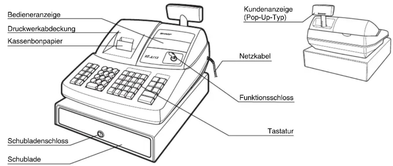 Bedieneranzeige Druckwerkabdeckung Kassenbonpapier Schubladenschloss Schublade XE-A113 Kundenanzeige (Pop-Up-Typ) Netzkabel Funktionsschloss Tastatur