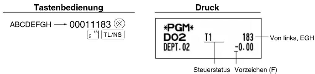 Tastenbedienung ABCDEFGHIJKLMNOPQRSTUVWXYZ ABCCDFGH → 00011183 2 18 TL/NS Druck *PGM* D02 DEPT.02 I1 183 Von links, EGH -0.00 Steuerstatus Vorzeichen (F)