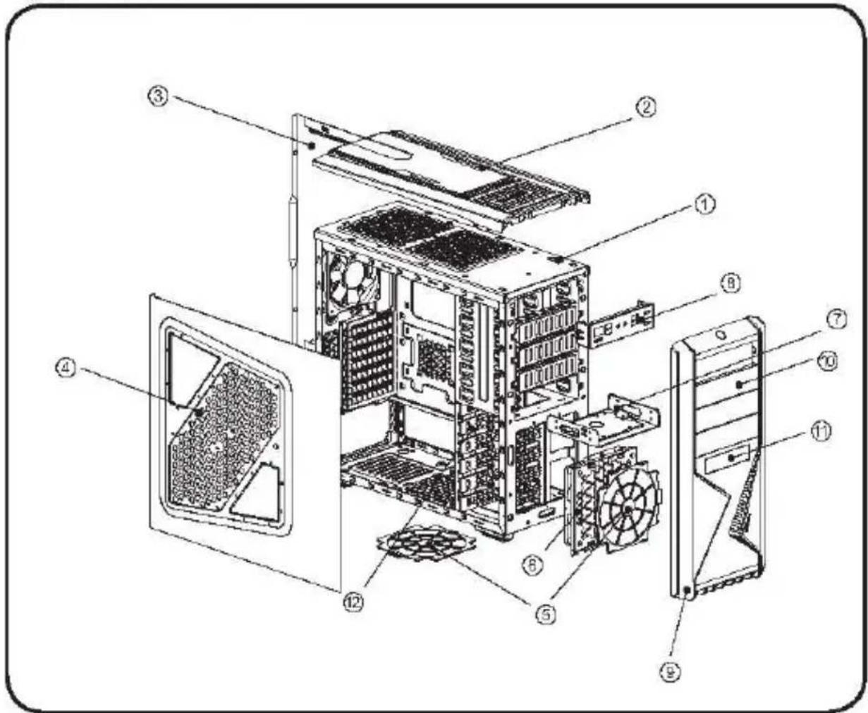 Exploded view diagram of a desktop computer tower with numbered components for identification
