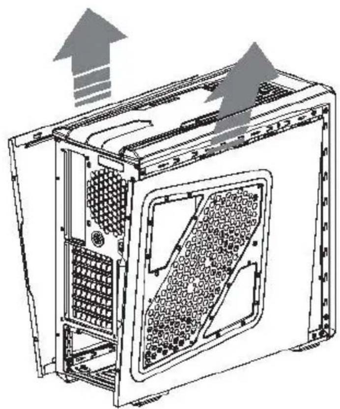Technical line drawing of a computer tower case with ventilation ducts and upward arrows indicating airflow or heat flow (no text or symbols)