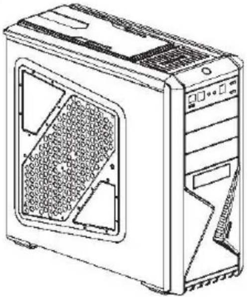 Line drawing of a desktop computer tower case with visible internal partition and ventilation slots (no text or labels)