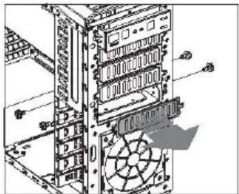 Technical diagram of a server rack with a fan and drive unit (no text or symbols visible)
