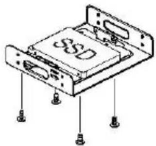 Isometric line drawing of a SSD drive with mounting holes and mounting points (no text or symbols)