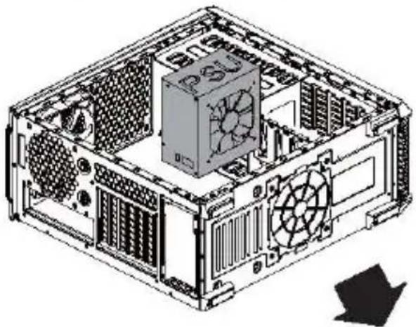 Isometric technical diagram of a computer tower case with visible fan and drive components (no text or labels)