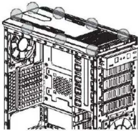 Technical line drawing of a server rack with cooling fans and drive bays (no text or symbols)