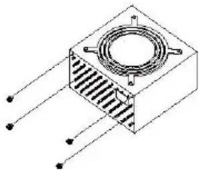 Isometric technical drawing of a mechanical component with no visible text or symbols