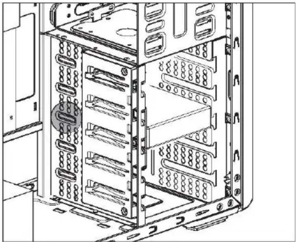 Technical line drawing of a server rack cabinet showing internal components and mounting brackets (no text or labels)