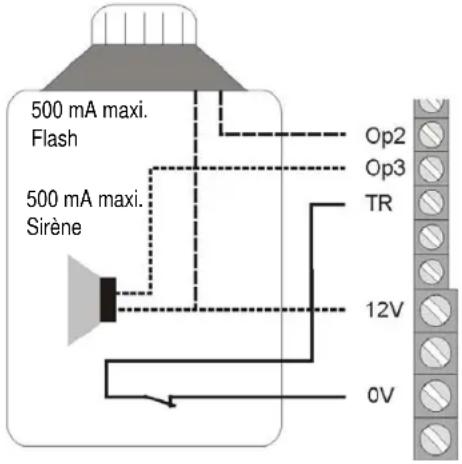 500 mA maxi. Flash 500 mA maxi. Sirène Op2 Op3 TR 12V 0V