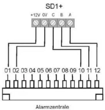 SD1+ +12V 0V C B A 01 02 03 04 05 06 07 08 09 10 11 12 Alarmzentrale