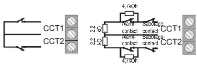CCT1 CCT2 2,2 kO 4,7kOh Alarm- contact Sabotage- contact 2,2 kO Alarm- contact Sabotage- contact 4,7kOh CCT1 CCT2