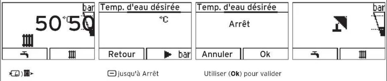 50°50 Temp. d'eau désirée °C Temp. d'eau désirée Arrêt Retour ▶ bar Annuler Ok Utiliser (Ok) pour valider