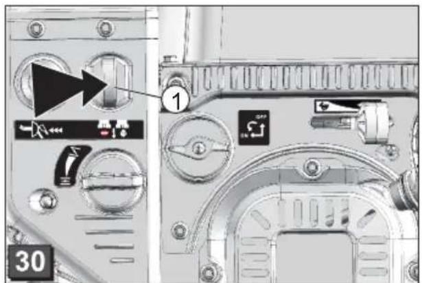 Control panel interface with labeled buttons and indicators, showing a directional arrow pointing to the left panel.