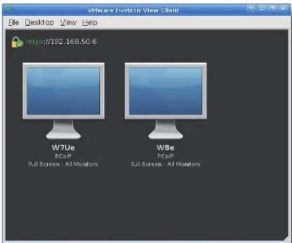 VMware Horizon View Client File Desktop View Help https://192.168.50.6 W7Ue PCoIP Full Screen - All Monitors W8e PCoIP Full Screen - All Monitors