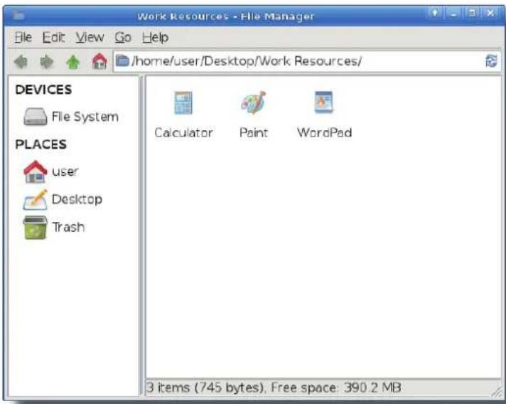 Work Resources - File Manager File Edit View Go Help /home/user/Desktop/Work Resources/ DEVICES File System PLACES user Desktop Trash Calculator Paint WordPad 3 items (745 bytes), Free space: 390.2 MB
