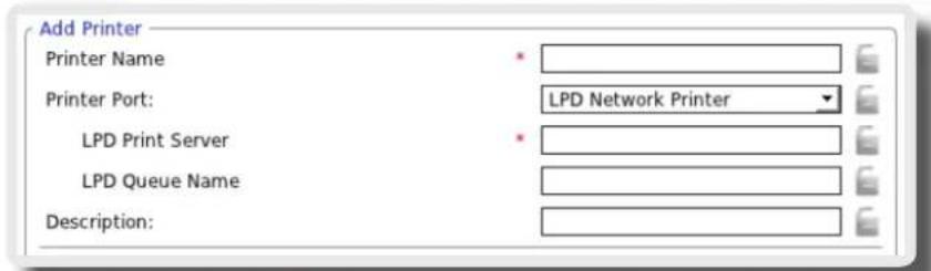 Add Printer Printer Name Printer Port: LPD Network Printer LPD Print Server LPD Queue Name Description: