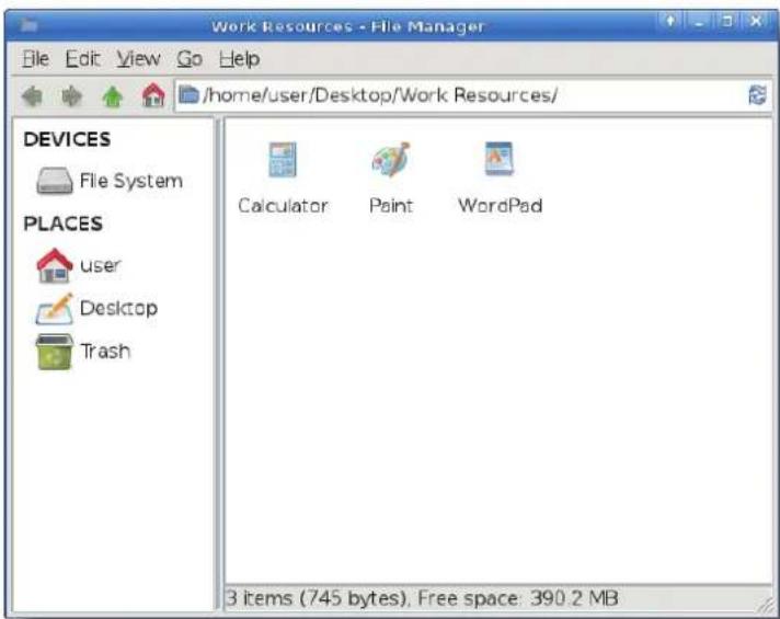 Work Resources - File Manager File Edit View Go Help /home/user/Desktop/Work Resources/ DEVICES File System PLACES user Desktop Trash Calculator Paint WordPad 3 items (745 bytes), Free space: 390.2 MB