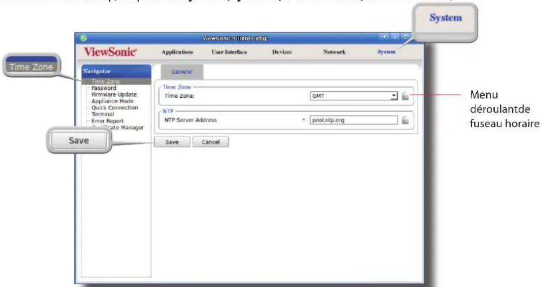 ViewSonic Client Setup Applications User Interface Devices Network System System Time Zone Navigator Time Zone Password Firmware Update Appliance Mode Quick Connection Terminal Error Report Certificate Manager General Time Zone Time Zone: GMT NTP NTP Server Address pool.ntp.org Save Cancel Menu déroulantde fuseau horaire