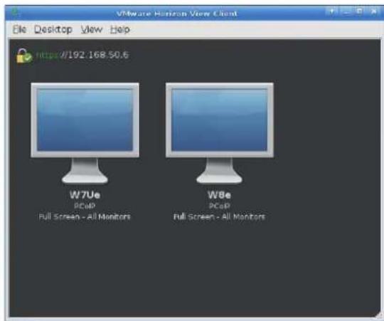 VMware Horizon View Client File Desktop View Help http://192.168.50.6 W7Ue PCoP Full Screen - All Monitors W8e PCoP Full Screen - All Monitors